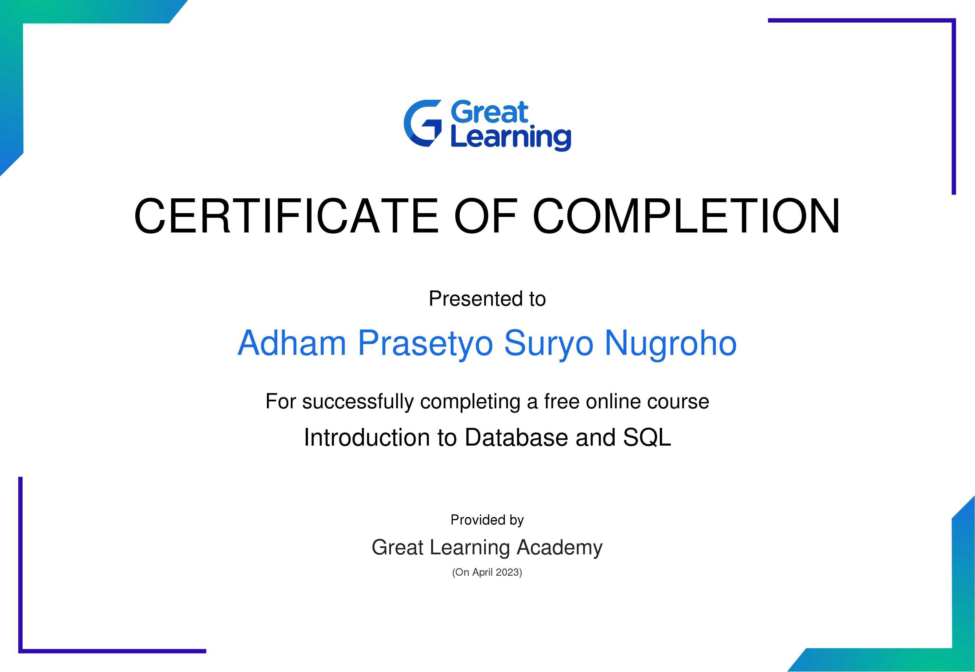 *Gambar Sertifikat Introducing to Database and SQL Great Learning