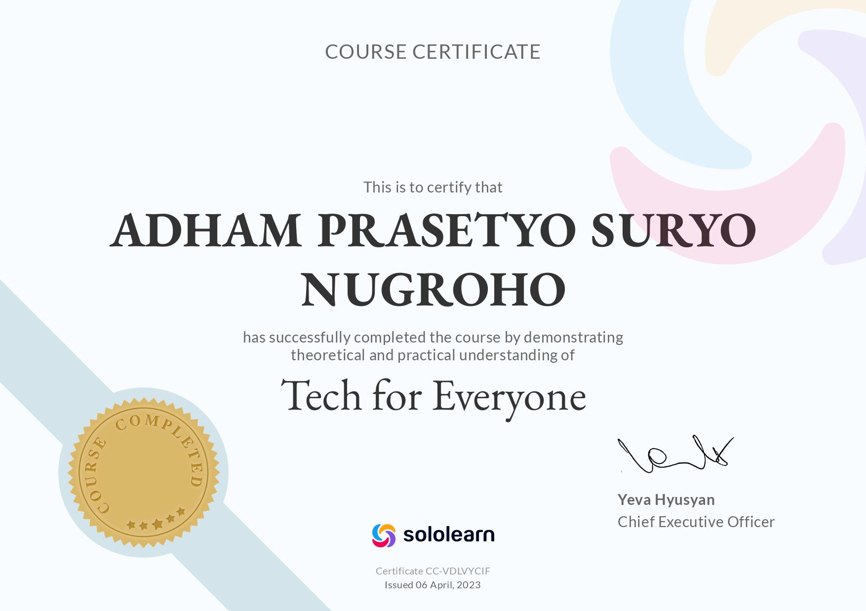 *Gambar Sertifikat Tech for Everyone SoloLearn
